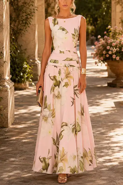 Margovil Boat Neck Sleeveless Floral Print A-line Maxi Dress