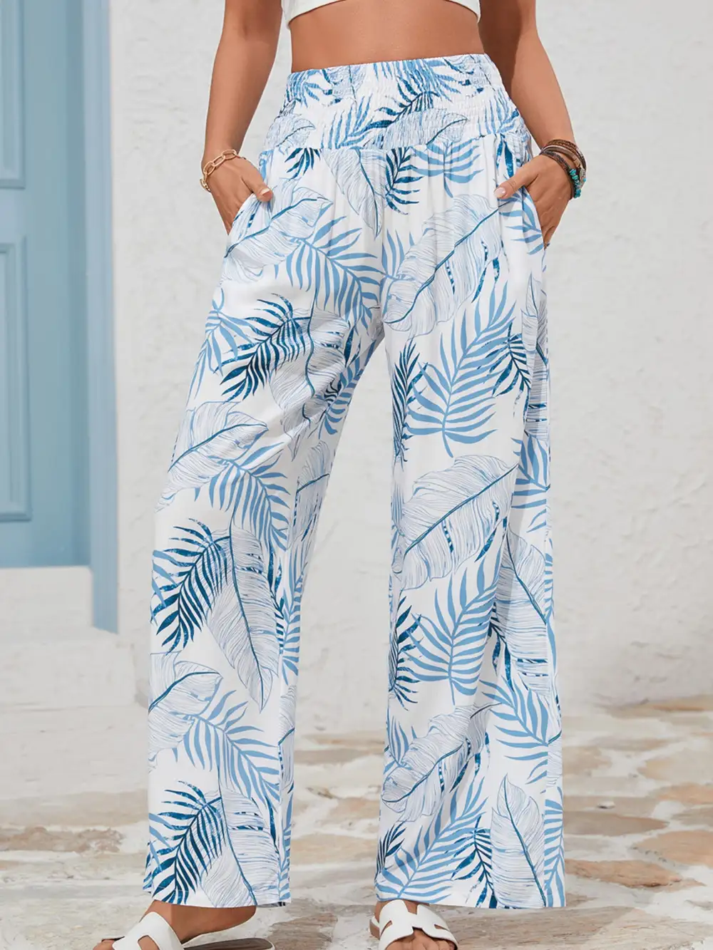 Tropical Print Shirred Waistband Wide Leg Pants
