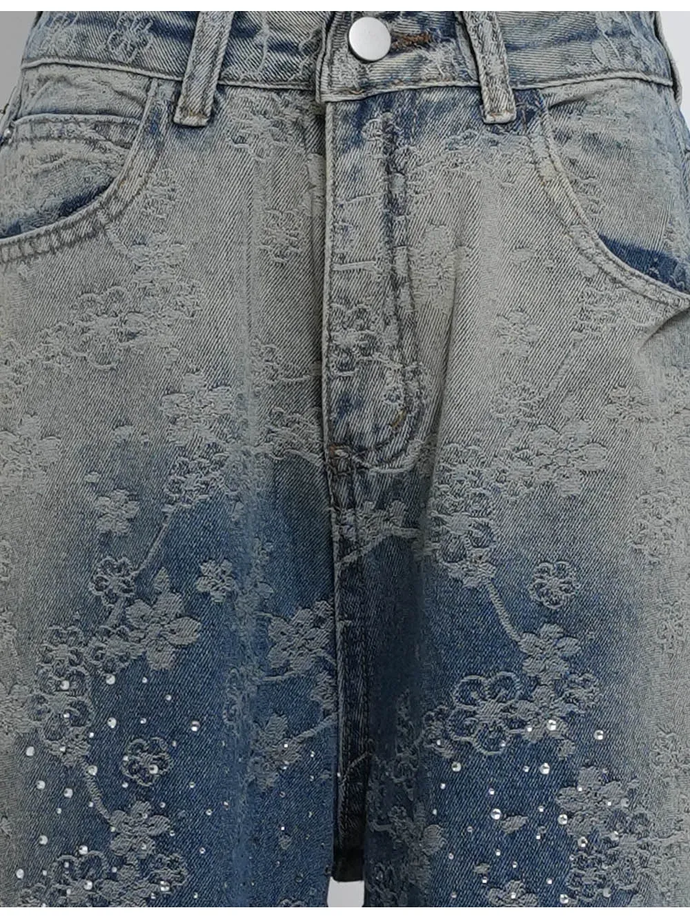 Rhinestone Jacquard Jeans Button Waist Wide Leg Denim Pants