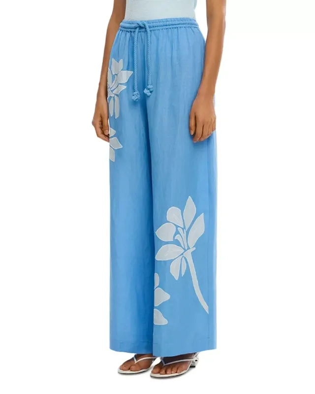 Embroidered Floral Linen Blend Cover Up Pants