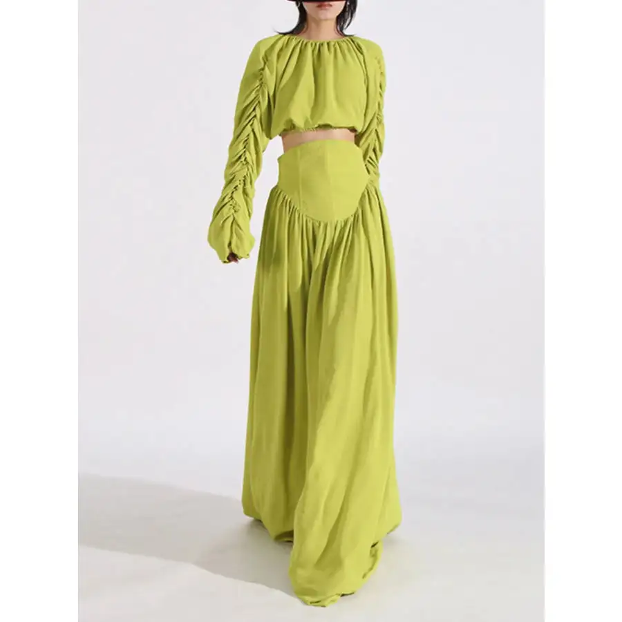Modern Ruched Long Sleeve Top And High Waist Skirt