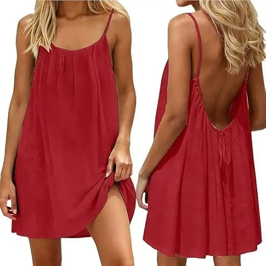 🌿Women's Summer Ruched Backless Cami Mini Dress, Spaghetti Strap A-Line Loose Fit Vacation Short Dress