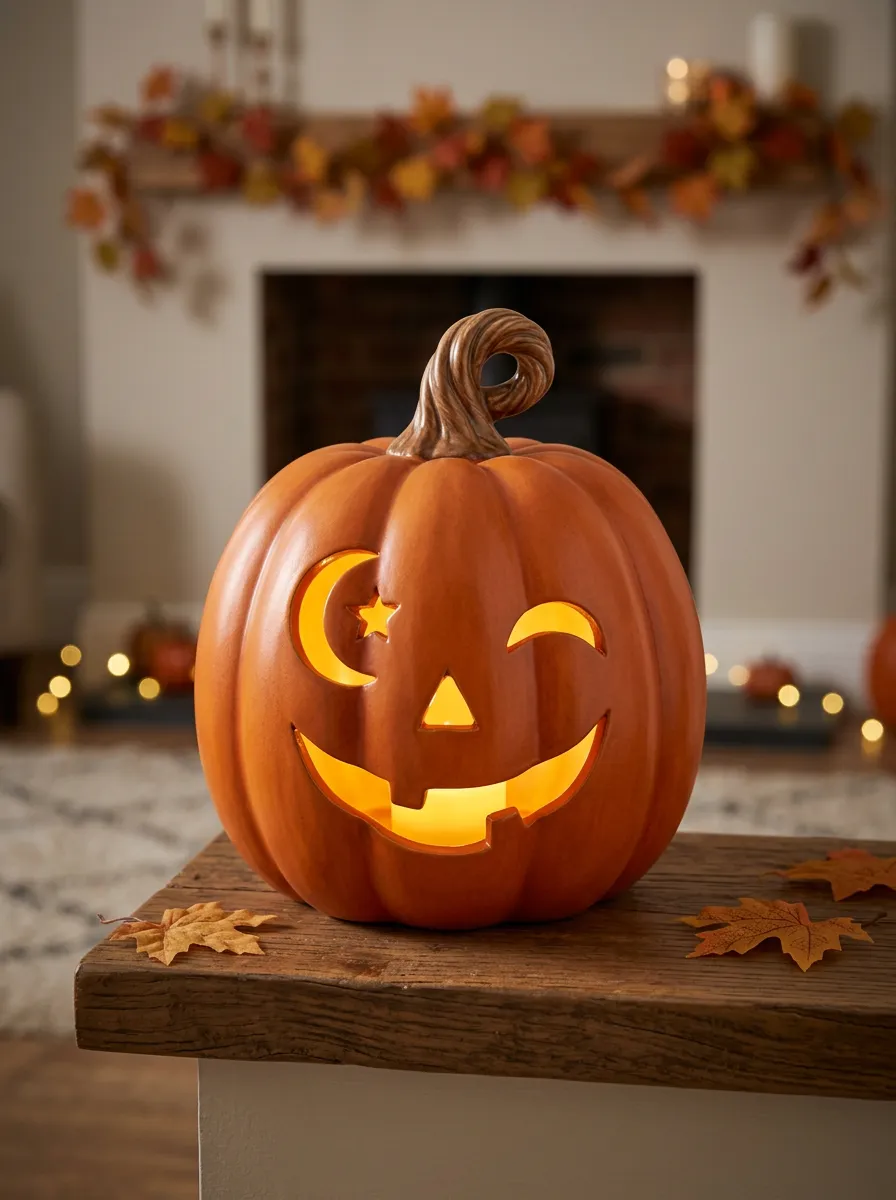 Star-Moon Carved Winking Halloween Pumpkin Light