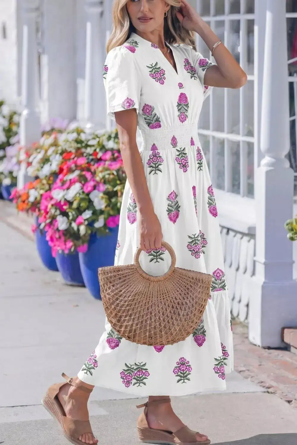 Split Neck Shirred High Waist Ruffle Hem Midi Dress