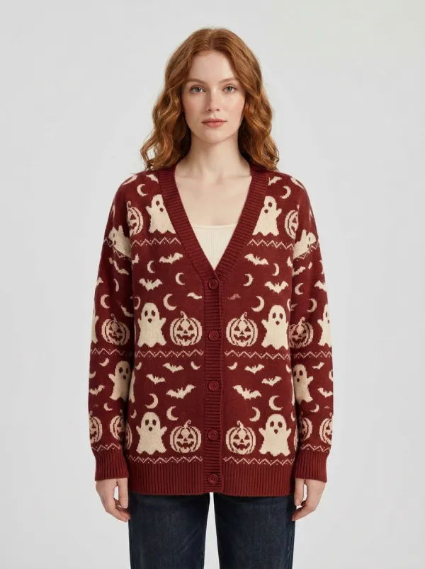 Women's Halloween Ghost Pumpkin Bat Pattern Printed Cardigan
