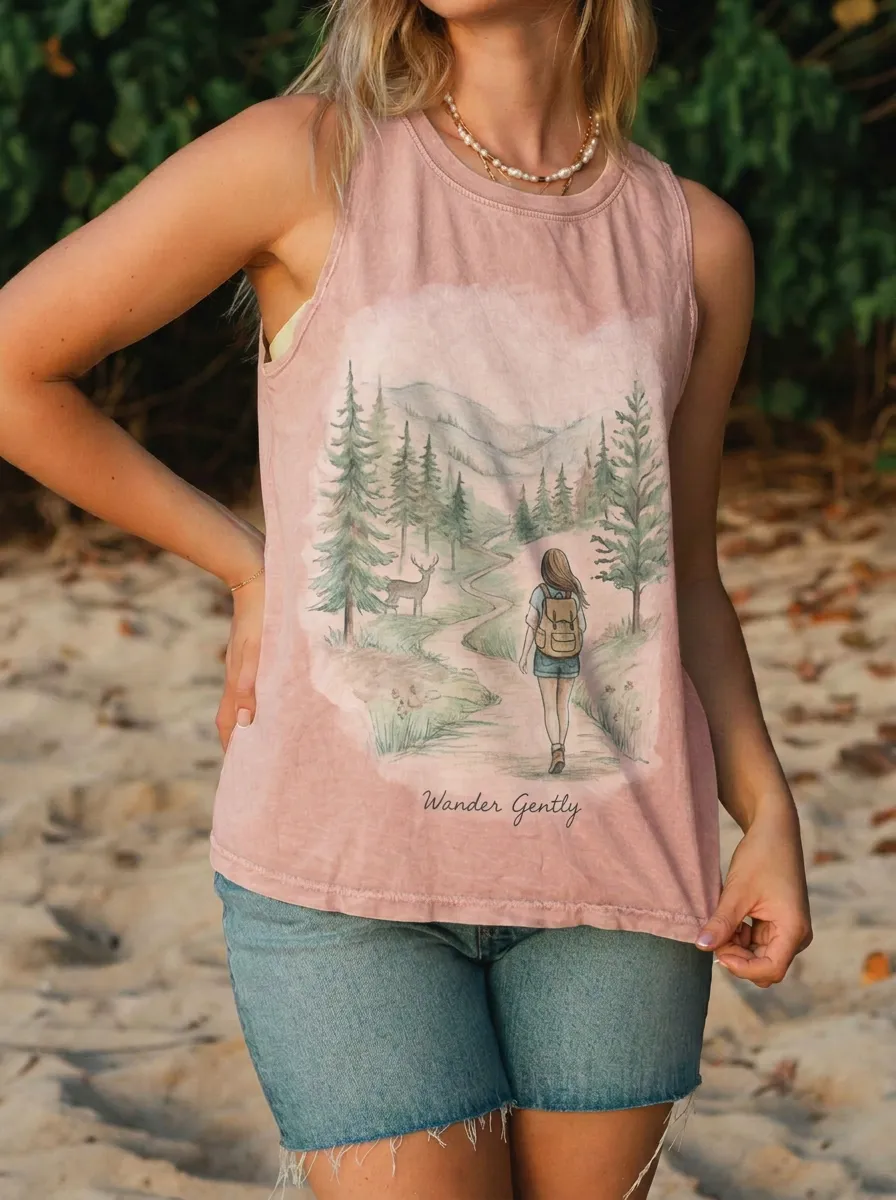 Women's Hiking Nature Lover Wander Gently Forest Deer Printed Tank Top