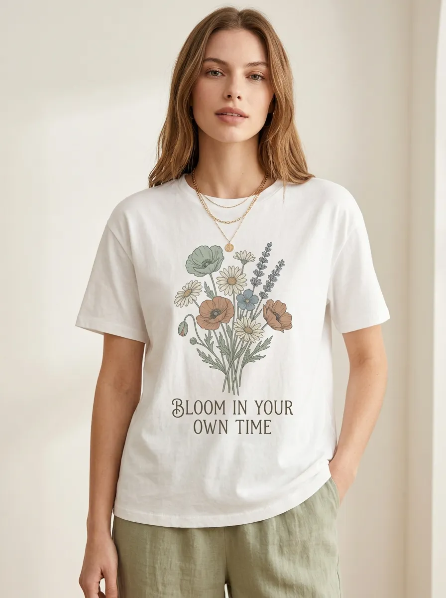Floral Quote Bloom In Your Own Time T-Shirt