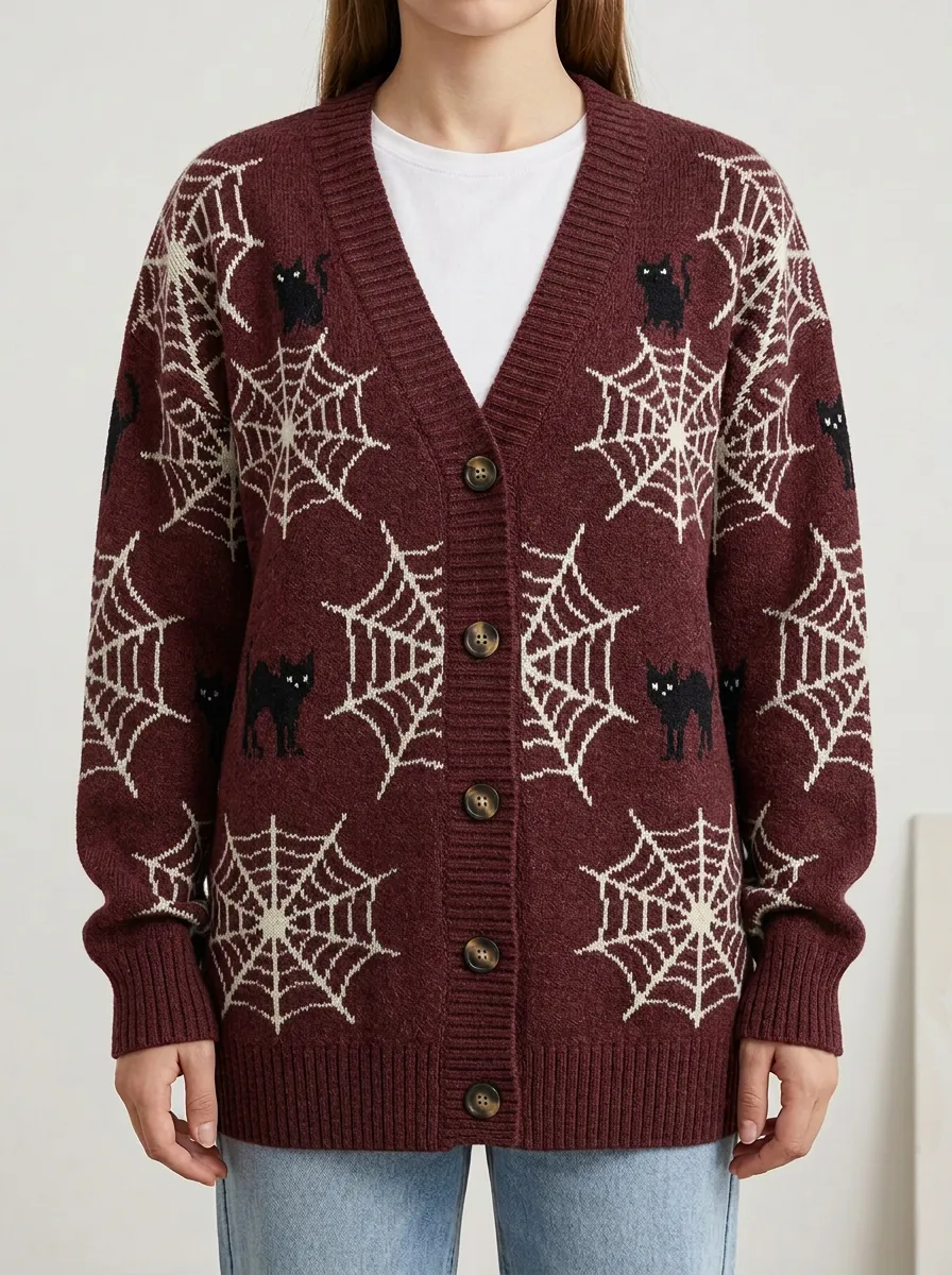 Women's Halloween Black Cat Spiderweb Pattern Knitted Cardigan