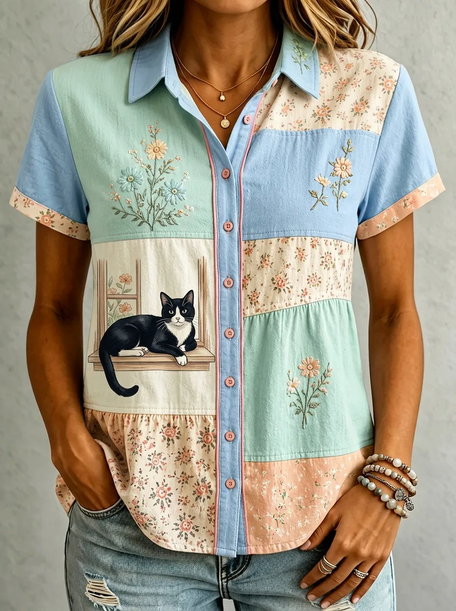 Women's Cat Lover Floral Patchwork Printed Cotton Linen Shirt