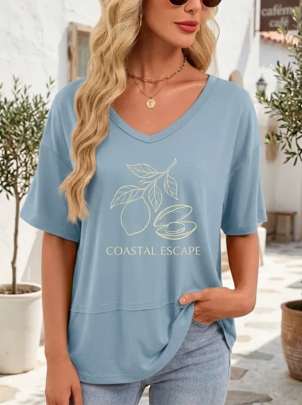 Women's Coastal Escape Lemon Shell Printed V-Neck T-Shirt