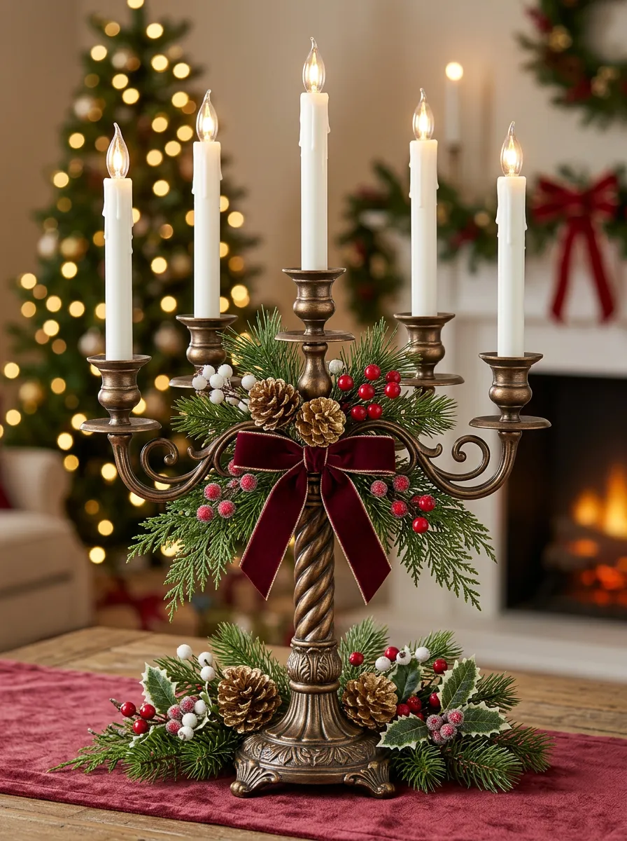 Velvet Bow Pinecone Candelabra Centerpiece