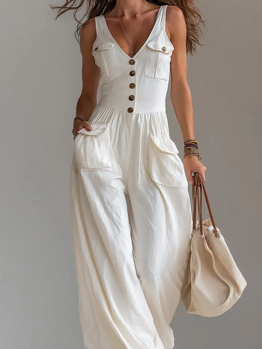 Casual Sleeveless Wide-leg Jumpsuit With Patch Pockets