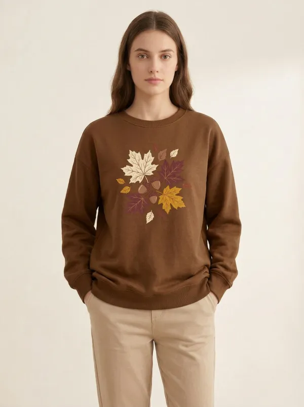 Casual Maple-Leaf Printed Acorn Graphic Sweatshirt