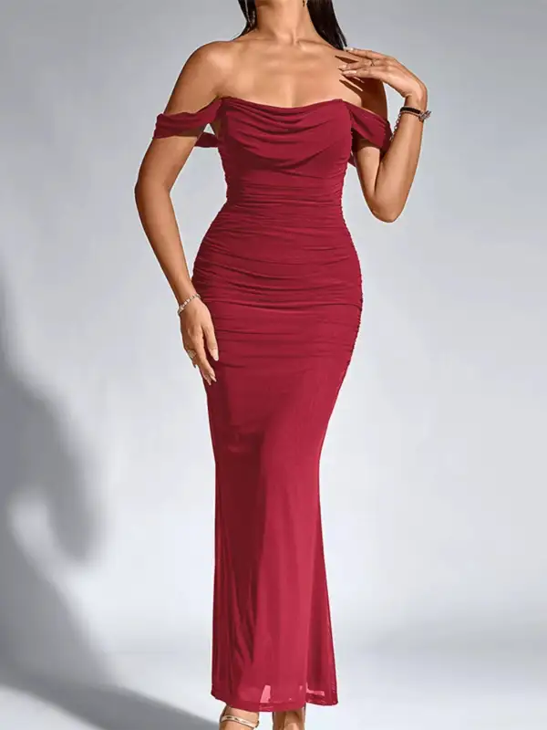 Relaxed Off Shoulder Ruched Mermaid Maxi Dress