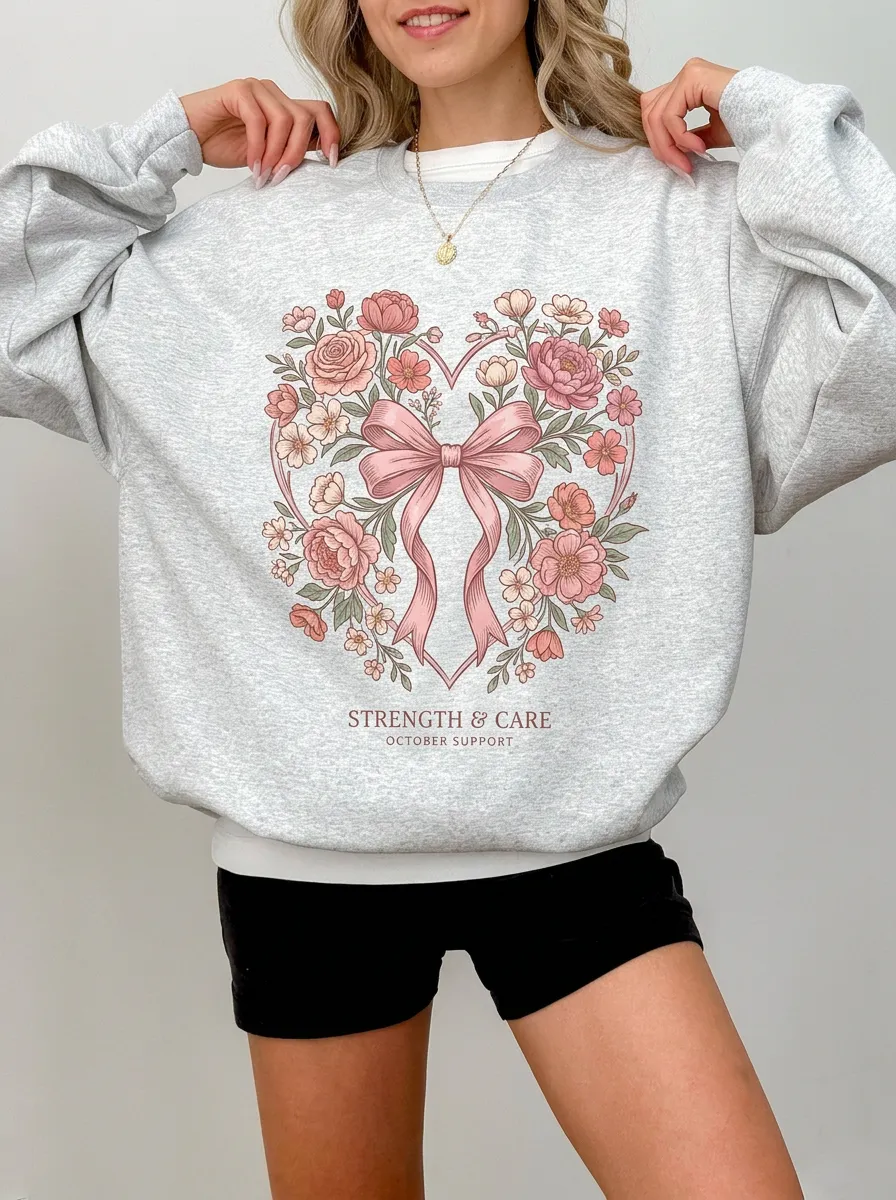 Women's Breast Cancer Awareness Floral Heart Bow Printed Sweatshirt
