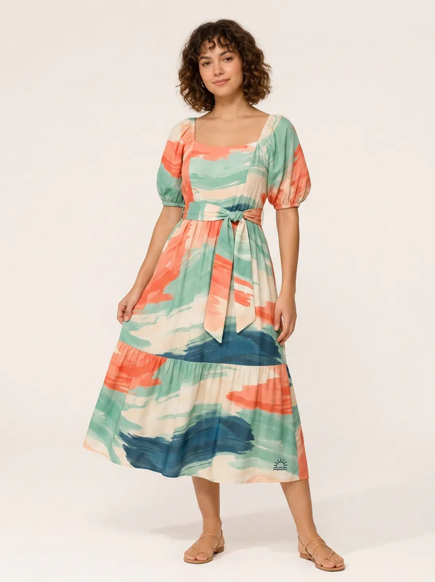 Women's Summer Casual Abstract Brushstroke Printed Midi Dress