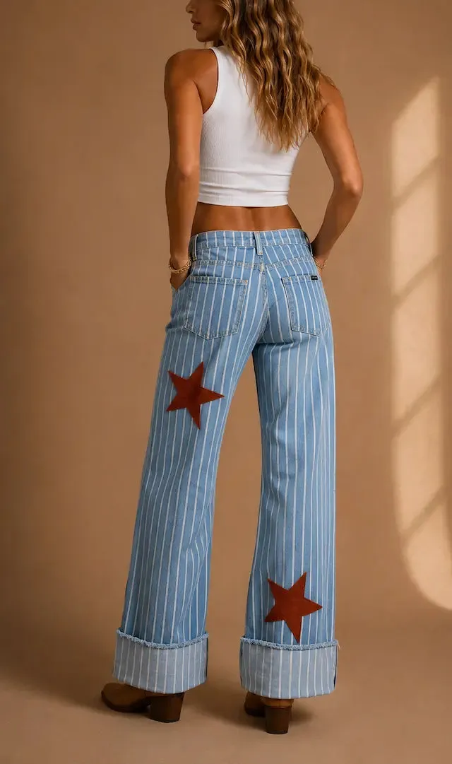 Western Style Wide Leg Cuffed Low Rise Denim Jeans