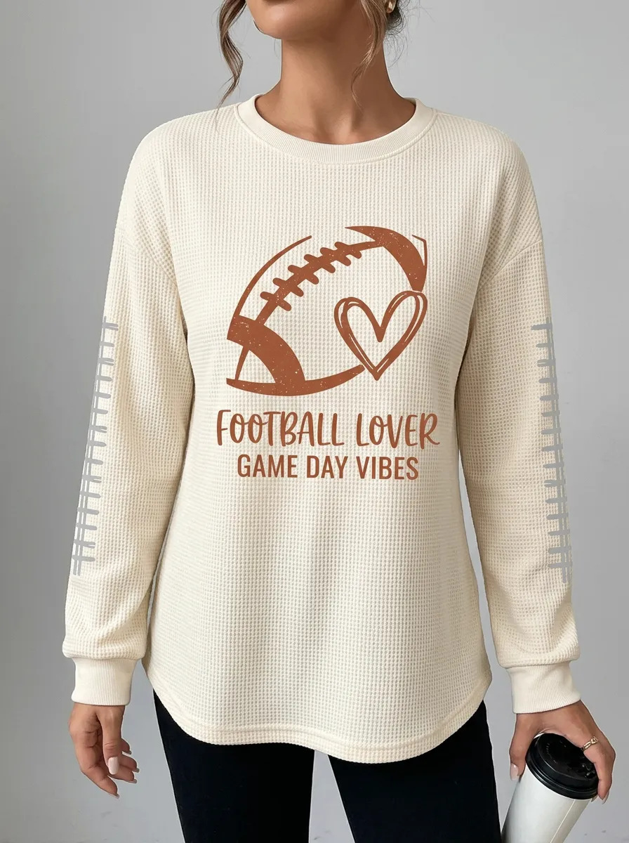 Women's Football Lover Heart Game Day Printed Waffle Knit T-Shirt