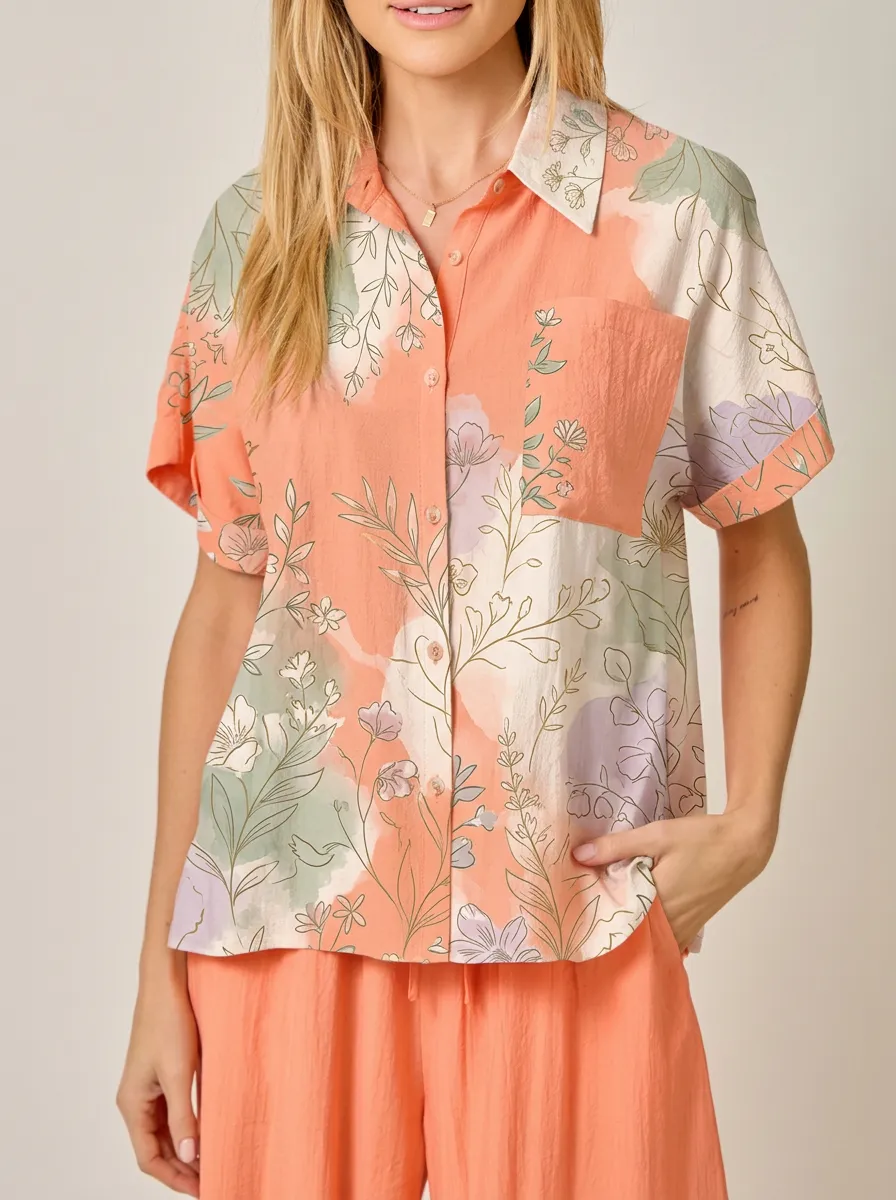 Women's Botanical Floral Watercolor Printed Button Down Shirt