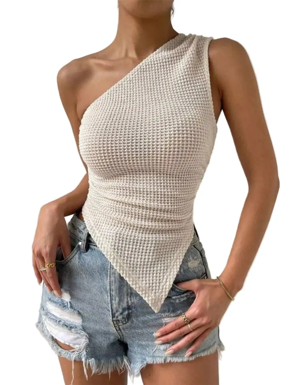 Waffle Knit Textured One Shoulder Tank Top