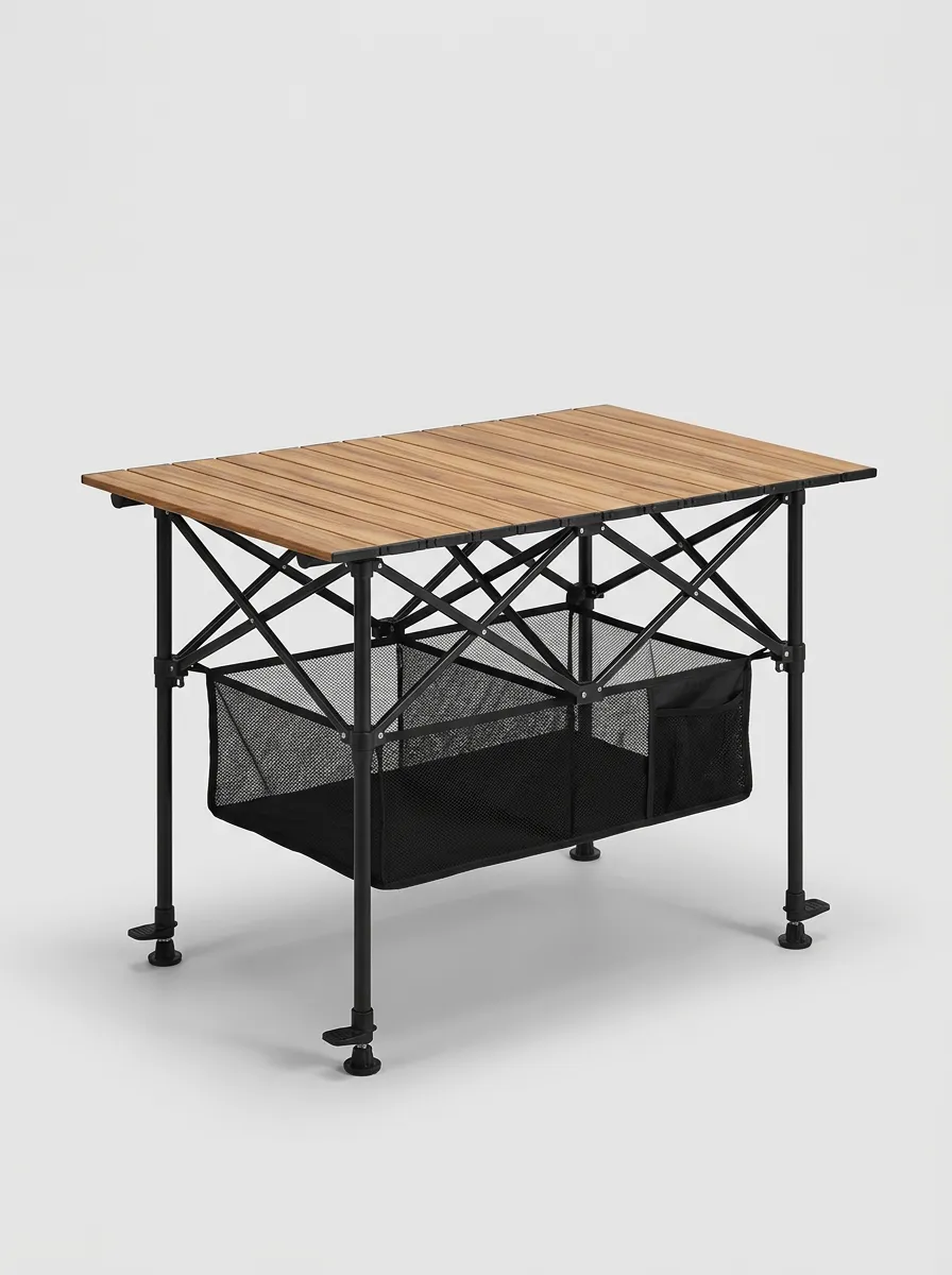 Camping Wooden Top Mesh Storage Folding Table