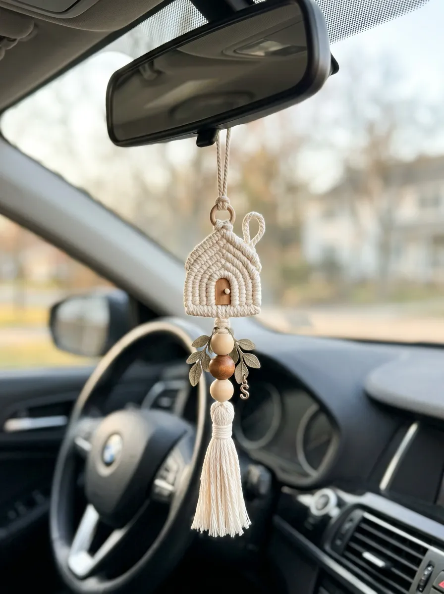 Macrame Tassel House Rearview Mirror Hanging Ornament