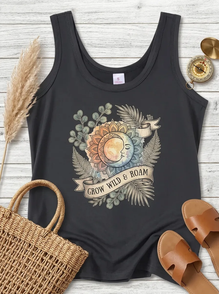 Boho Nature Lover Sun Moon Floral Tank Top