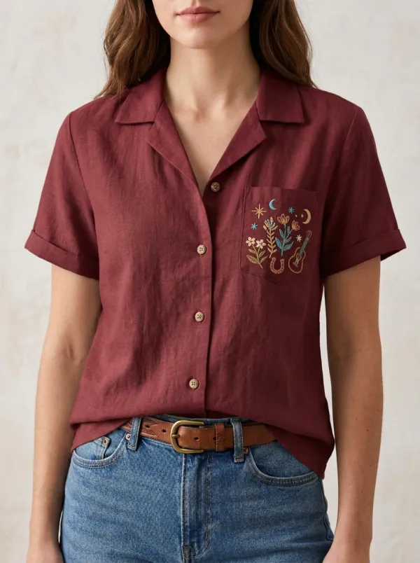 Women's Western B3 Guitar Horseshoe Floral Embroidered Short Sleeve Shirt
