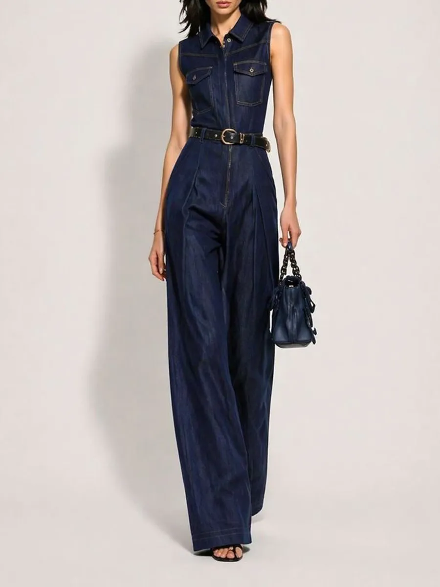 Juliette Sleeveless Collared Straight-Leg Denim Jumpsuit