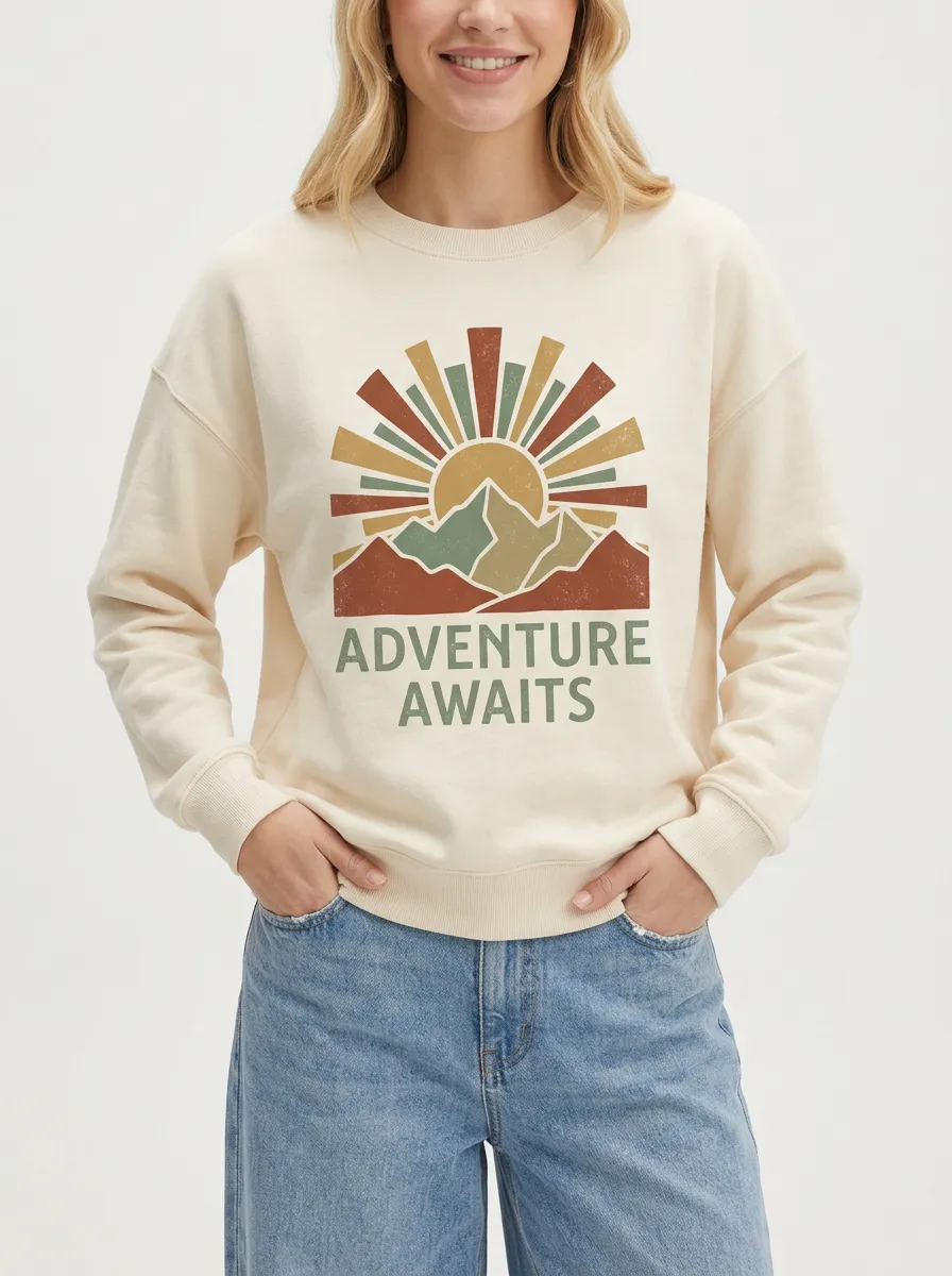 Adventure Awaits Retro Mountain Sun Sweatshirt