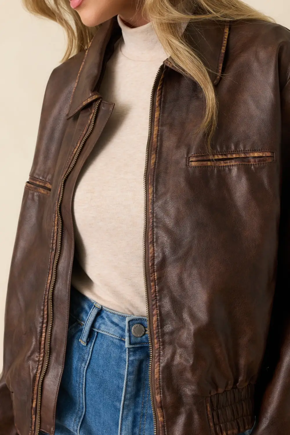 Zip-Up Faux Distressed Leather Jacket