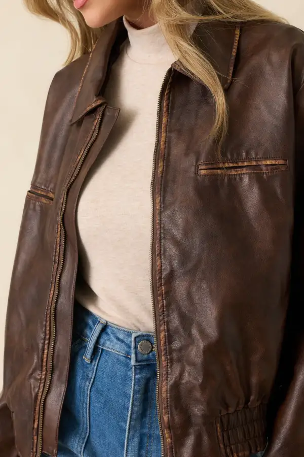 Zip-Up Faux Distressed Leather Jacket