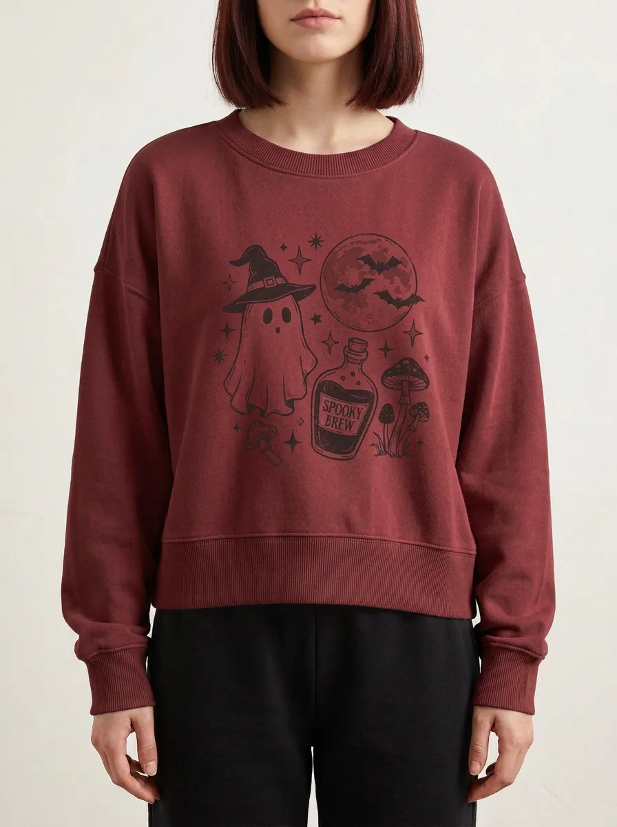 Women's Halloween Ghost Spooky Brew Mushroom Printed Sweatshirt