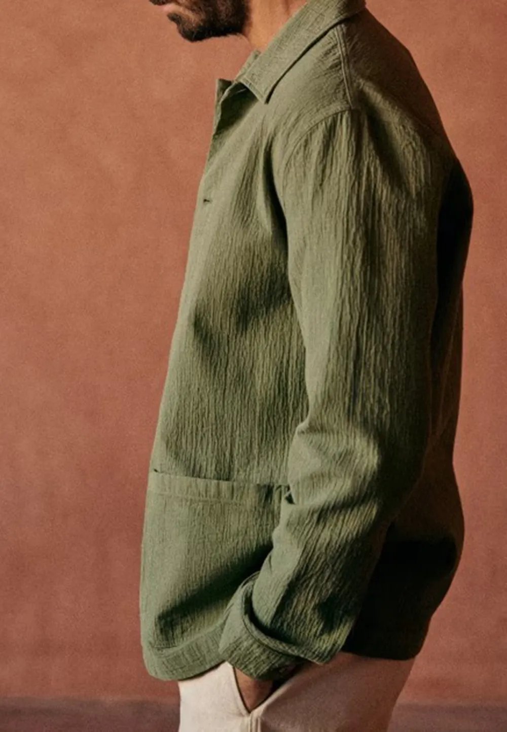 Green Cotton Textured Button Front Chore Jacket
