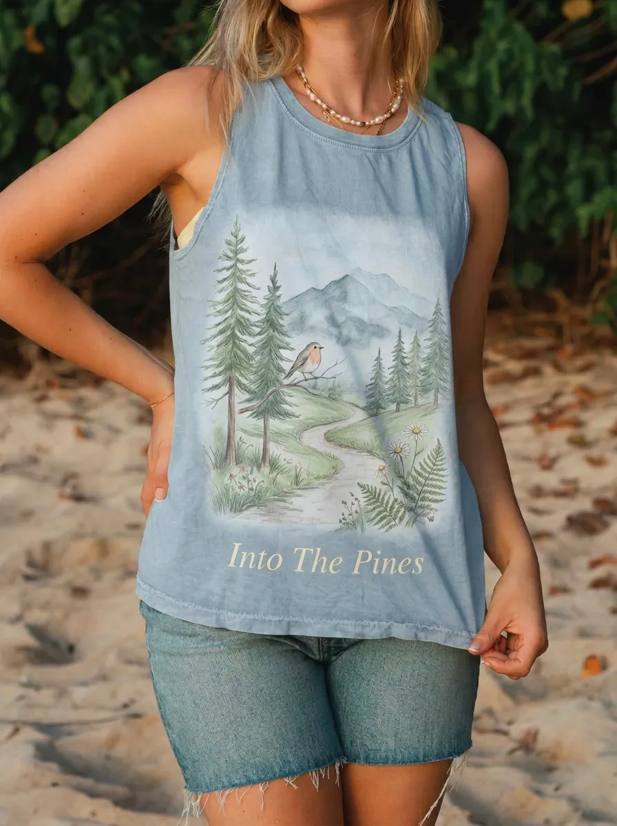 Women's Nature Lover Forest Bird Mountain Printed Tank Top