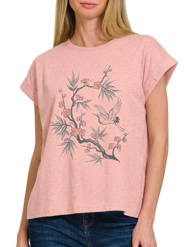 Women's Japanese Nature Art Crane Cherry Blossom Printed T-shirt
