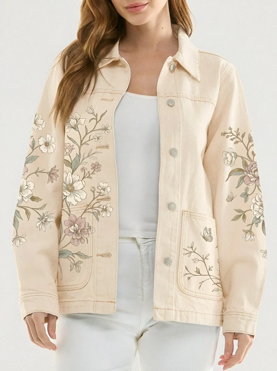 Women's Floral Butterfly Nature Lover Printed Denim Jacket