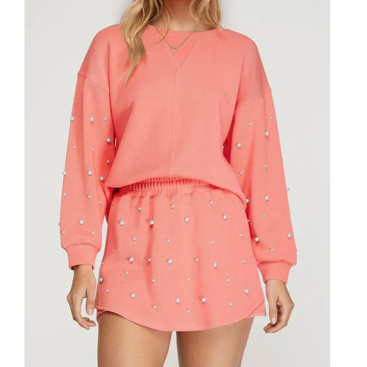 Casual Oh Pearl Trim Round Neck Long Sleeve Top