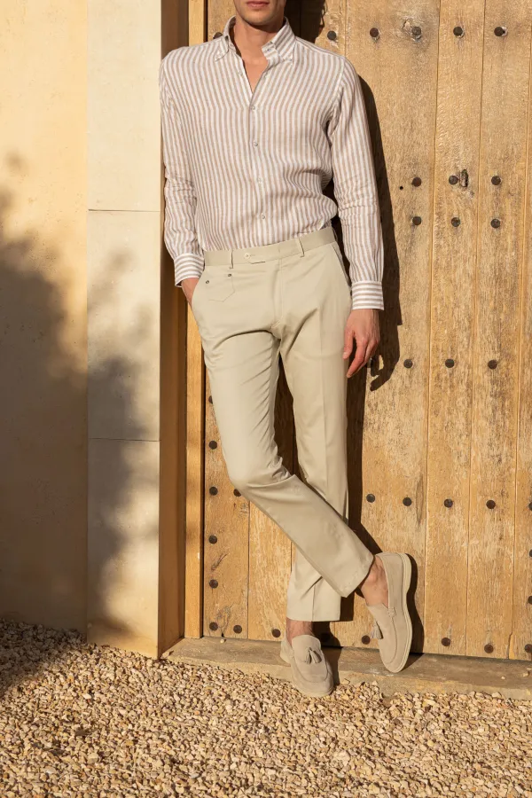 Ecru Cotton High Waist Trousers