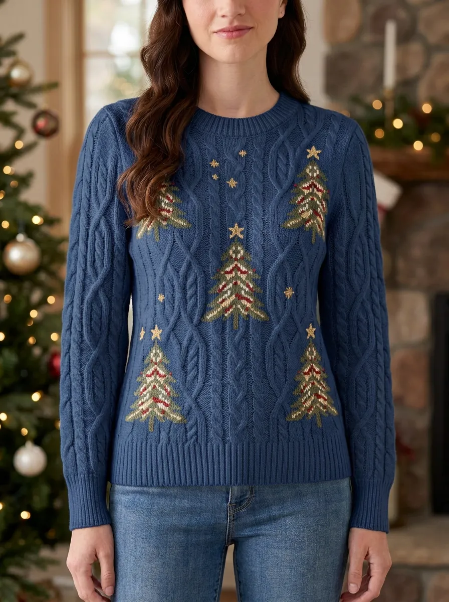 Cozy Christmas Holiday Pine Tree Pattern Knitted Sweater