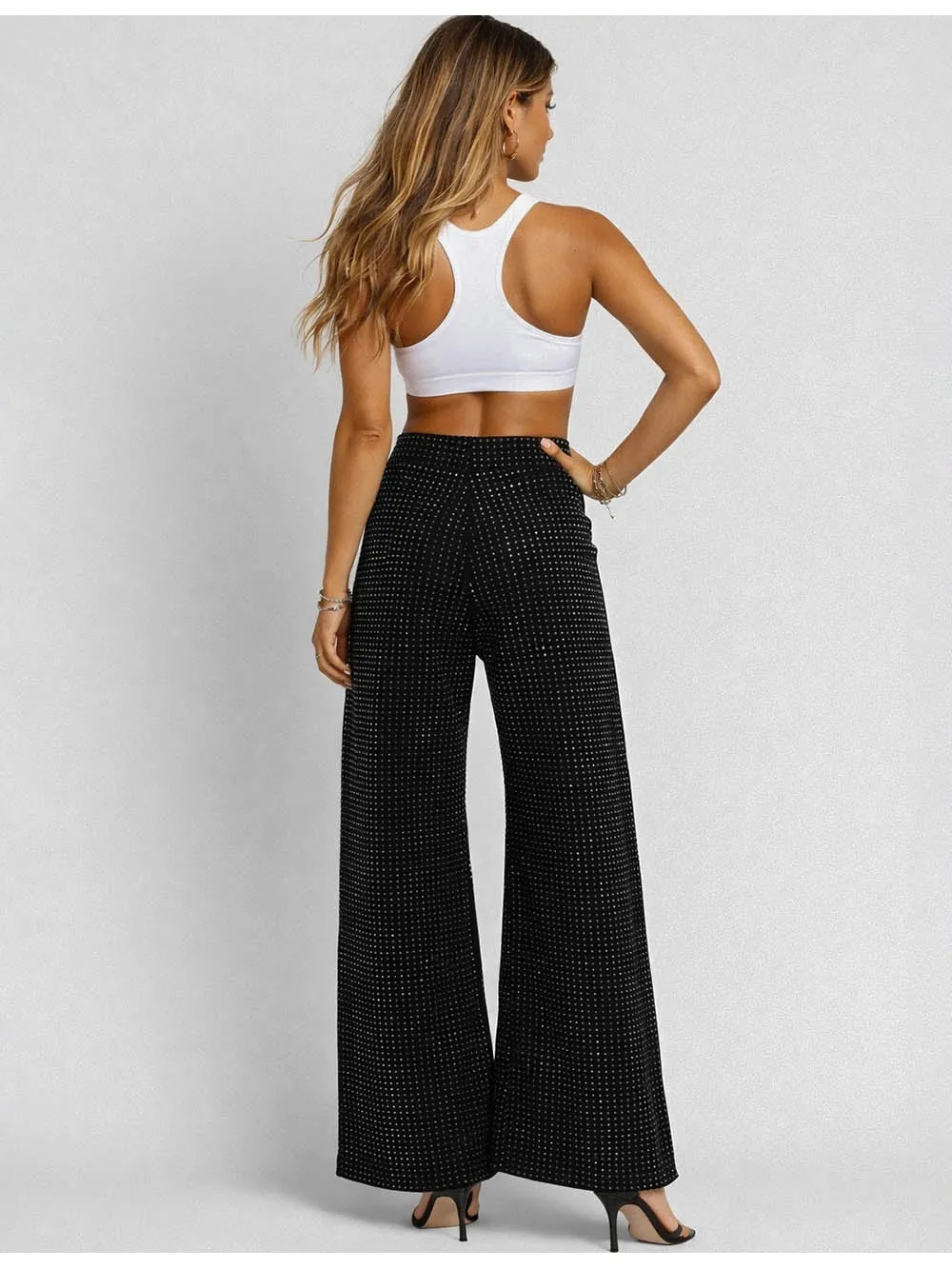 Chic Rhinestone Sparkle Button Wide Leg Denim Pants