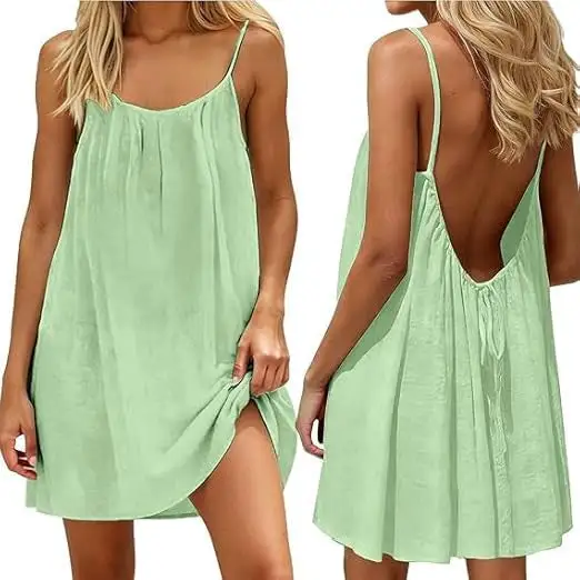 🌿Women's Summer Ruched Backless Cami Mini Dress, Spaghetti Strap A-Line Loose Fit Vacation Short Dress
