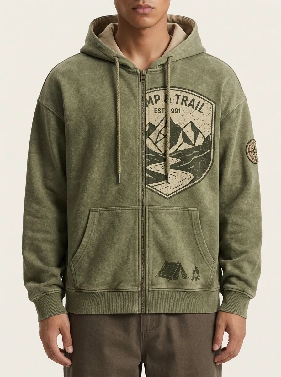Men's Camping Trail Mountain Graphic Printed Zip-up Hoodie