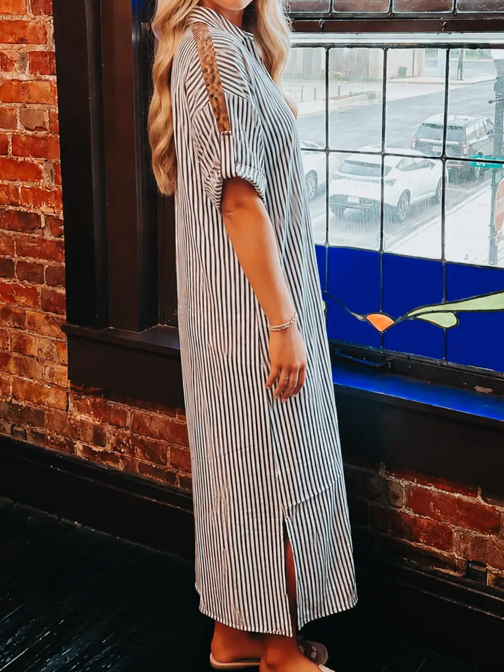 Striped Animal Print Collared Dress
