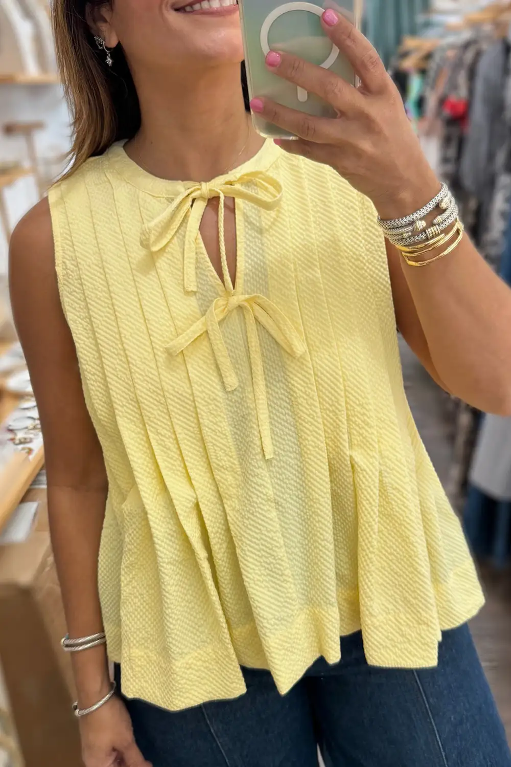 Bow Tie Notched Neck Pleated Tank Top