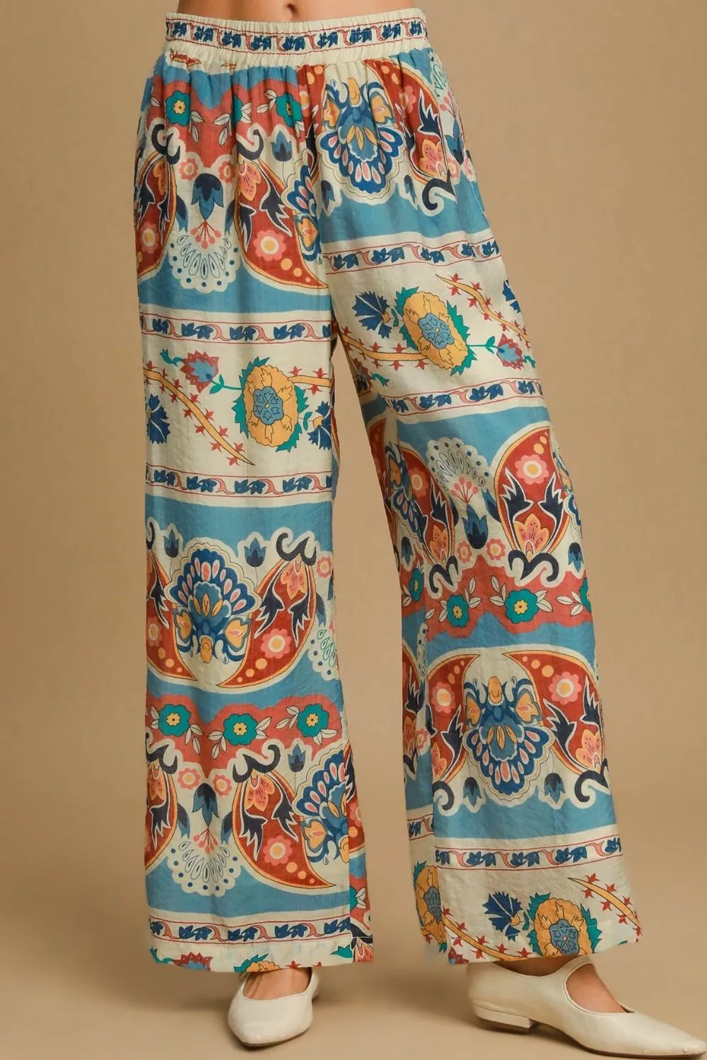 Relaxed Full Size Wide Leg Border Print Pants Plus Size