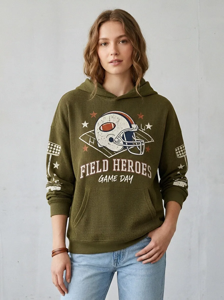Women's Football Lover Field Heroes Helmet Graphic Waffle Hoodie