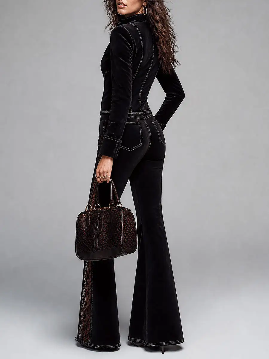Boho Suede Zip-Up Jacket & Lace-Trim Flare Pants Set