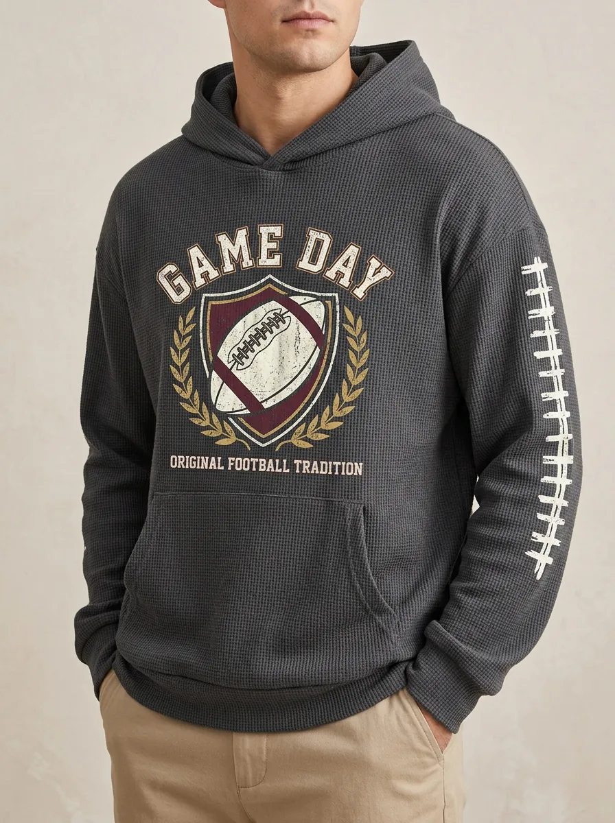 Men's American Football Game Day Shield Printed Waffle Hoodie