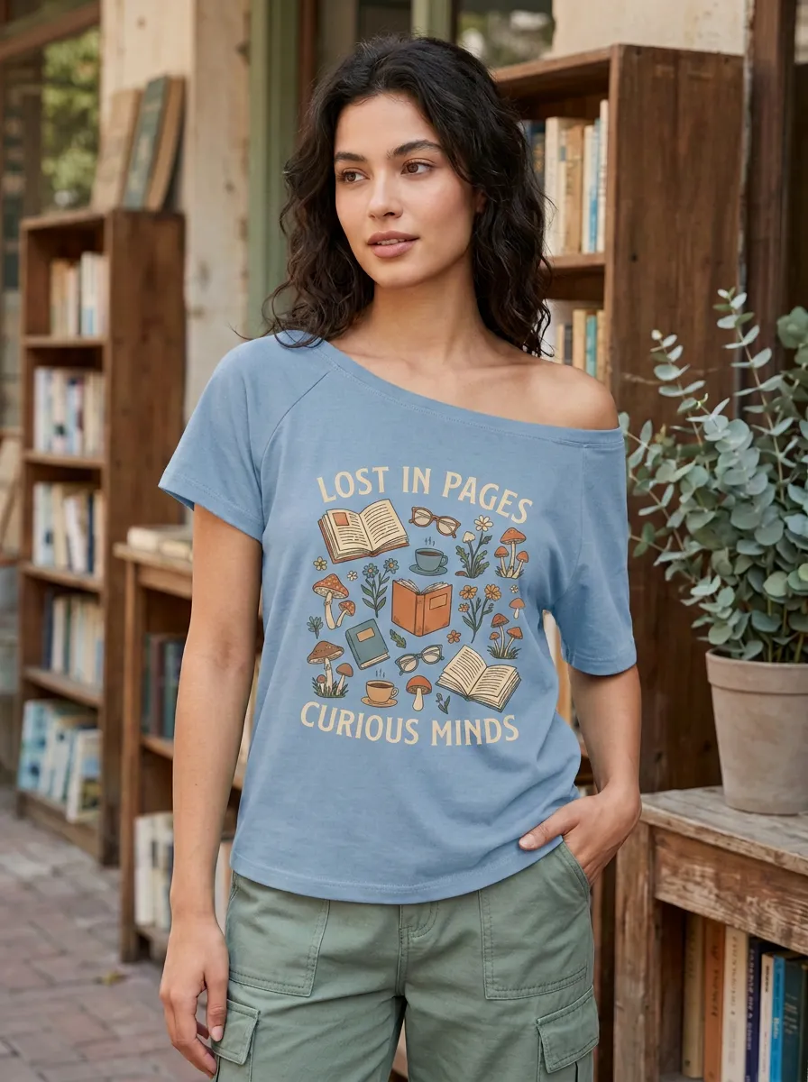 Women's Book Lover Mushroom Floral Printed Off-Shoulder T-shirt